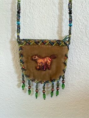 Hand Beaded Fringe Crossbody Medicine Bag with Horse Motif - Blue & Green